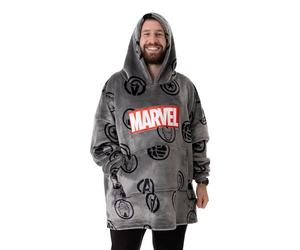 Marvel Avengers Mens Wearable Blanket Hoodie | Grey Pullover with Avengers All Over Print Graphic Icons | Adults One Size Sherpa Lined Hooded Loungewear | Superhero Comic Book Movie Merchandise Gift