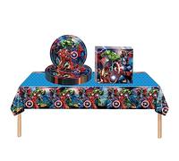 Marvel Avengers S-uperhero Party Tableware Disposable Set,37P Captain America S-uper Hero Party Decorations Plastic Table Cloth,Paper Plates Napkins for Kids Boys Birthday Marvel Parties Supplies