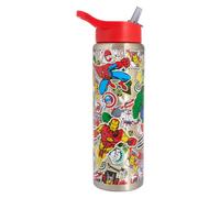 Marvel Avengers Stainless Steel Water Bottle with Straw, 750ml, Red Lid, Spider-Man Hulk Iron Man Captain America Thor Design