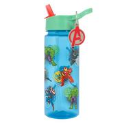 Marvel Avengers Water Bottle with Straw, Blue, 500ml, Polypropylene, with Keyring Charm Featuring Hulk, Captain America, Thor, Iron Man, Black Panther