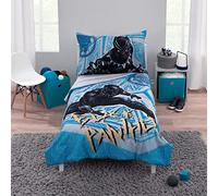 Marvel Black Panther Blue, Black, and Grey Warrior King 4 Piece Toddler Bed Set - Comforter, Fitted Bottom Sheet, Flat Top Sheet and Reversible Pillowcase