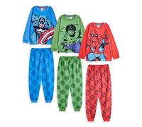 Marvel Boys Pyjama Set Pack of 3 | Kids Spiderman Hulk & Captian America Graphic Long Sleeve Top & Long Leg PJ Bottoms in Red Green & Blue | Childrens Avengers Superhero Character Print Nightwear