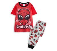 Marvel Spiderman Boys 2 Piece Pyjama Set | Kids Red & Grey All Over Print Long Leg Bottoms & Night Top | Childrens Short Sleeve PJs with Spideman Character Mask Graphic Print | Superhero Movie Gift