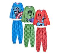 Marvel Boys Pyjama Set Pack of 3 | Kids Spiderman Hulk & Captian America Graphic Long Sleeve Top & Long Leg PJ Bottoms in Red Green & Blue | Childrens Avengers Superhero Character Print Nightwear