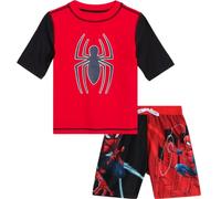 Marvel Boys' Spider-Man Rash Guard Set - 2 Piece Swim Shirt and Bathing Suit Trunks (4-12), Size 10/12, Spider-Man Web Red