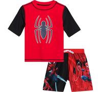 Marvel Boys' Spider-Man Rash Guard Set - 2 Piece Swim Shirt and Bathing Suit Trunks (4-12), Size 10/12, Spider-Man Web Red