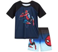 Marvel Boys' Spider-Man Rash Guard Set - UPF 50+ 2 Piece Swim Shirt and Bathing Suit Trunks (4-12), Size 4, Navy Spider-Man Face LS