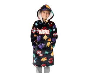 Marvel Boys Wearable Blanket Hoodie | Kids Hooded Fleece Pullover in Dark Grey with Super Hero Icons All Over Print | Sherpa Lined Loungewear with Pockets Comics Merchandise Gift