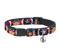 Marvel Comics Breakaway Cat Collar With Bell, Plastic Clip, Easy Adjustable, Captain America Face Turns Shield Close Up, 8.5 to 12 Inches 0.5 Inch Wide