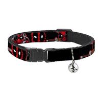 Marvel Comics Breakaway Cat Collar With Bell, Plastic Clip, Easy Adjustable, Deadpool Action Poses Splatter Logo Black Red White, 8.5 to 12 Inches 0.5 Inch Wide