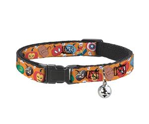 Marvel Comics Breakaway Cat Collar With Bell, Plastic Clip, Easy Adjustable, Marvel Avengers Halloween Jack O Lantern Pumpkin Icons Orange, 8.5 to 12 Inches 0.5 Inch Wide