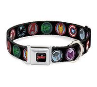 Marvel Comics Pet Collar, Dog Collar Metal Seatbelt Buckle, Avenger Icons Black Multi Color, 16 to 23 Inches 1.5 Inch Wide