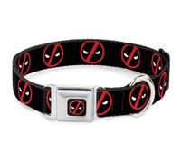 Marvel Comics Pet Collar, Dog Collar Metal Seatbelt Buckle, Deadpool Logo Black Red White, 13 to 17 Inches 1.5 Inch Wide