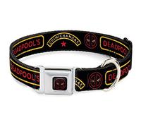 Marvel Comics Pet Collar, Dog Collar Metal Seatbelt Buckle, Deadpools Chimichangas Star Logo Weathered Black Yellow Red, 13 to 17 Inches 1.5 Inch Wide