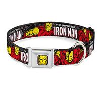 Marvel Comics Pet Collar, Dog Collar Metal Seatbelt Buckle, The Invincible Iron Man Stacked Comic Books Action Poses, 16 to 23 Inches 1.5 Inch Wide