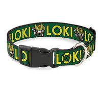 Marvel Comics Pet Collar, Dog Collar Plastic Buckle, Kawaii Loki Standing Pose Text Green Yellow, 9.5 to 13 Inches 1.0 Inch Wide