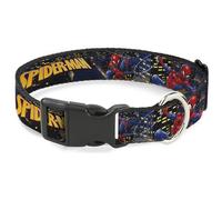 Marvel Comics Pet Collar, Dog Collar Plastic Buckle, Spider Man Title Logo and Action Skyline Poses, 16 to 23 Inches 1.5 Inch Wide