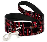 Marvel Comics Pet Leash, Dog Leash, Deadpool Action Poses Splatter Logo Black Red White, 6 Feet Long 1.5 Inch Wide