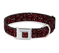 Marvel Comics Seatbelt Buckle Dog Collar | Deadpool Splatter Logo Scattered Black Red White Durable Metal Adjustable ID Tag Ring