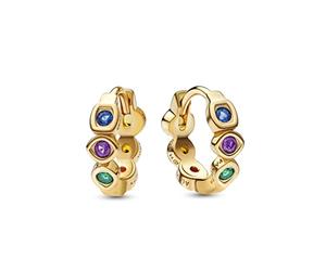 Marvel infinity 14k gold-plated hoops with royal blue, royal purple, royal green, blazing yellow, honey colored and salsa red crystal