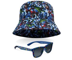 Marvel Kids Bucket Hat and Sunglasses Set, Lightweight Sun Hat 100% UV Protection Sunglasses - Kids Gifts (Blue Avengers)