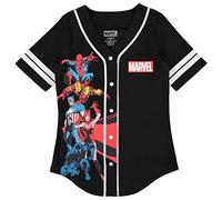 Marvel Ladies Comics Baseball Jersey - Spiderman, Ironman, Captain America & Hulk Mesh Button Down Baseball Jersey, Black, Medium