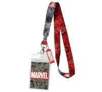 Marvel Lanyard ID Badge Holder, 2" Rubber Charm Pendant With Raised Script And 2 Sided Vintage Comic Strip Pattern