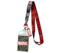 Marvel Lanyard ID Badge Holder, 2" Rubber Charm Pendant With Raised Script And 2 Sided Vintage Comic Strip Pattern