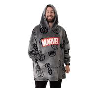Marvel Avengers Mens Wearable Blanket Hoodie | Grey Pullover with Avengers All Over Print Graphic Icons | Adults One Size Sherpa Lined Hooded Loungewear | Superhero Comic Book Movie Merchandise Gift