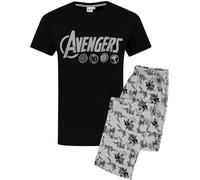 Marvel The Avengers Pyjamas For Men | Logo Grey Lounge Pants & Black T-Shirt Set | Superhero Gifts Merchandise XXL
