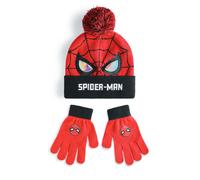 Marvel Spiderman Boys Beanie Hat & Gloves Set | Red & Black Knitted Winter Hat with Spiderman Eyes & Web | Kids One Size Pom Pom Hat with Heat Transfer Print Gloves | Superhero Movie Merchandise Gift