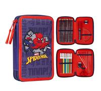 Marvel Spiderman Large Pencil Case, Filled Pencil Case with Coloured Pencils, Pencil Sharpener, Childrens Scissors, Colouring Pens, Triangle Rule
