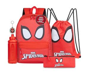 Marvel School Bag Set, 5 Piece Set with Backpack, Drawstring Bag, Pencil Case, Water Bottle & Keyring - Boys Gifts (Red Spiderman)