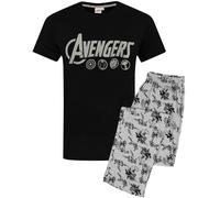 Marvel The Avengers Pyjamas For Men | Logo Grey Lounge Pants & Black T-Shirt Set | Superhero Gifts Merchandise XXL
