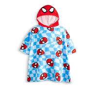 Marvel Spider-Man Boys Blue Red Poncho Towel | Hooded Checkered Bath Towel with Character Face Design | Short Sleeve Beachwear & Poolside Cover-Up Merch