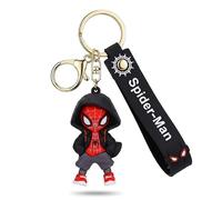 Marvel Spider-Man Character Keychain, Wrist Strap & Key Ring - Black Hoodie | Spider-Man character keychain with flexible wrist strap, metal split key ring and convenient lobster clasp
