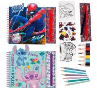 Marvel Spider-Man & Disney Stitch Angel Colouring Set Bundle, 2 x Spiral Notebooks, Removable Pencil Cases, 12 Coloured Pencils, Colouring Pages & Stickers, Kids Art Activity Gift - 24cm