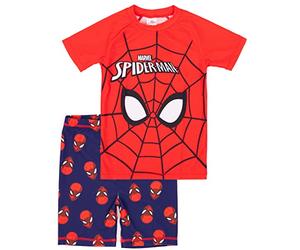 Marvel Spider-Man Swimsuit for Boys | Red Blue Character Mask Spider Web Two-Piece Top Shorts Bathing Suit Swim Set | Kids Superhero Swimwear