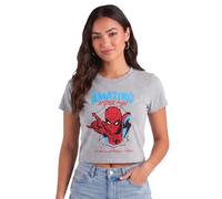 Marvel Spider-Man Womens Graphic Tees - Cropped Baby Tee, Tank Top, and Full Length Crewneck Retro Graphic Shirts for Women, Spider-man Heather Grey, M