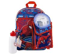 Marvel Spiderman 16" Backpack for Preschool Elementary Kids with Water Bottle Snack Tote Rubber Dangle Carabiner Combo Set (5 Pieces)