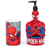 Marvel Spiderman 2-Piece Bathroom Set - Red and Blue Soap Dispenser and Cup Set - Superhero Resin Kids Bathroom Accessories