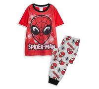 Marvel Spiderman Boys 2 Piece Pyjama Set | Kids Red & Grey All Over Print Long Leg Bottoms & Night Top | Childrens Short Sleeve PJs with Spideman Character Mask Graphic Print | Superhero Movie Gift