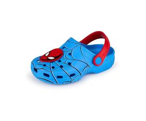 Marvel Spiderman Boys Clogs | Kids Slip On Footwear with Spider-Man Novelty Charms in Blue | Webbed Indoor & Outdoor Sandals Sliders with Adjustable Strap | Movie Film Game Character Merchandise
