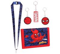 Marvel Spiderman Boys Wallet Lanyard and 3Pc Keyring Gift Set - Spider Man Gifts for Boys Trifold Wallet with Zip Coin Purse Card Slots and Keychain Set