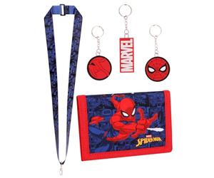 Marvel Spiderman Boys Wallet Lanyard and 3Pc Keyring Gift Set - Spider Man Gifts for Boys Trifold Wallet with Zip Coin Purse Card Slots and Keychain Set