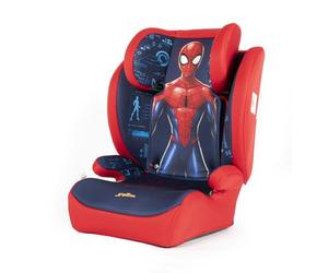 Marvel Spiderman car seat for Child Safety with Height from 100 to 150 cm with Graphics of The Superhero Spider-Man on a red and Blue Background