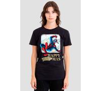 Marvel Women's Spiderman Happy Thwipmas Christmas Window T-Shirt, Black | Size: Small Marvel Black S
