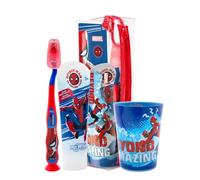 Marvel Spiderman Kids Toothbrush Set - Soft-Bristle Toothbrush with Suction Cup & Protective Cap, Mint-Flavoured Toothpaste, and Multi-Purpose Beaker | Travel-Ready Oral Care Kit for Children Ages 3+