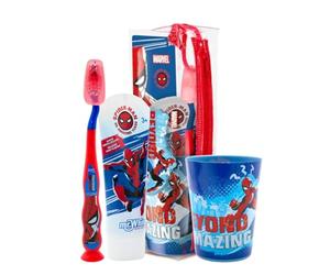 Marvel Spiderman Kids Toothbrush Set - Soft-Bristle Toothbrush with Suction Cup & Protective Cap, Mint-Flavoured Toothpaste, and Multi-Purpose Beaker | Travel-Ready Oral Care Kit for Children Ages 3+