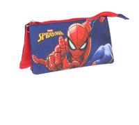 Marvel Spiderman Triple Pencil Case - 3 Zipped Compartments, Kids School Stationery Pouch, Blue & Red